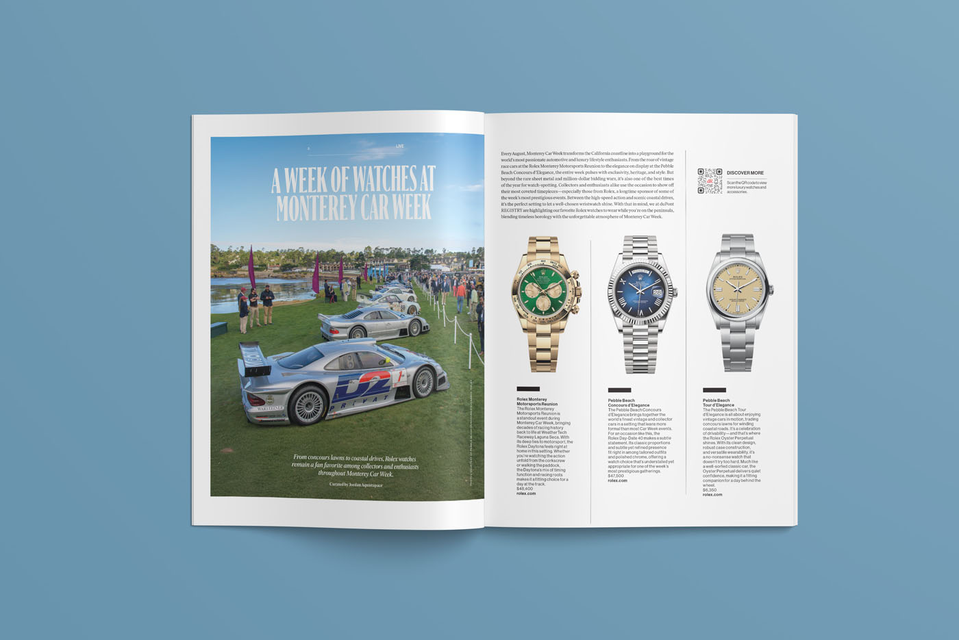 A duPont REGISTRY magazine spread for September 2025, featuring a car show on the left page and three luxury watches with descriptions and prices on the right.