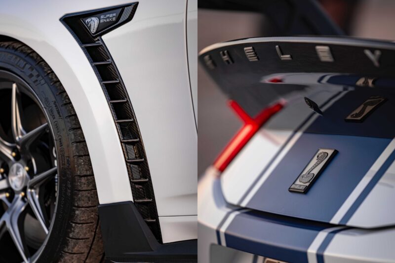 Close-up of a white Shelby Super Snake car showing a vented fender with badge and rear trunk view, highlighting the Shelby emblem—an homage to Shelby American’s debut of the 2026 Wide Body Super Snake-R, an 850+ HP track weapon with coil suspension.