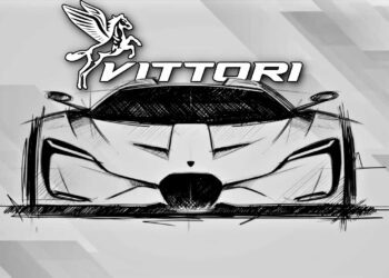 Black and white sketch of a Miami-inspired AI-engineered hypercar viewed from the front, with a winged horse logo and the word "VITTORI" above it.