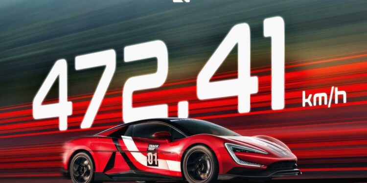 A red sports car with white racing stripes and the number 01 is shown with a speed of 472.41 km/h displayed in large white text above it, celebrating BYD’s YangWang U9 Track Edition just hitting a new EV top-speed record.
