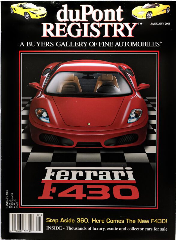 DuPont REGISTRY Cover Cars: The January 2005 issue spotlights a red Ferrari F430 on a black and white checkered floor, with text highlighting the model’s allure.