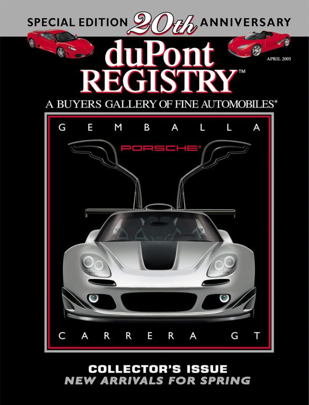 Magazine cover featuring a silver Gemballa Porsche Carrera GT with its doors open, celebrating 20th anniversary Cover Cars of duPont REGISTRY, April 2005 issue.