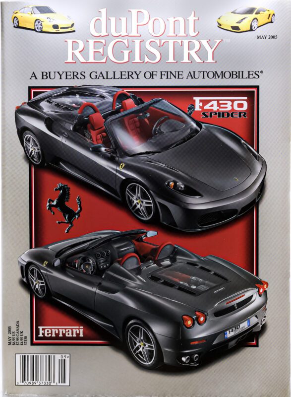 Cover of duPont REGISTRY magazine, May 2005, celebrating the 40th Anniversary with two views of a black Ferrari F430 Spider convertible—one of the iconic Cover Cars.