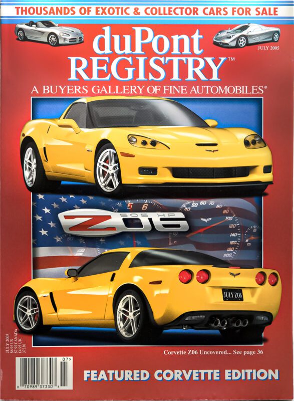 Cover of duPont REGISTRY magazine, July 2005 issue, featuring two yellow Chevrolet Corvette Z06 Cover Cars against a red background with American flag and car-themed text celebrating the 40th Anniversary.