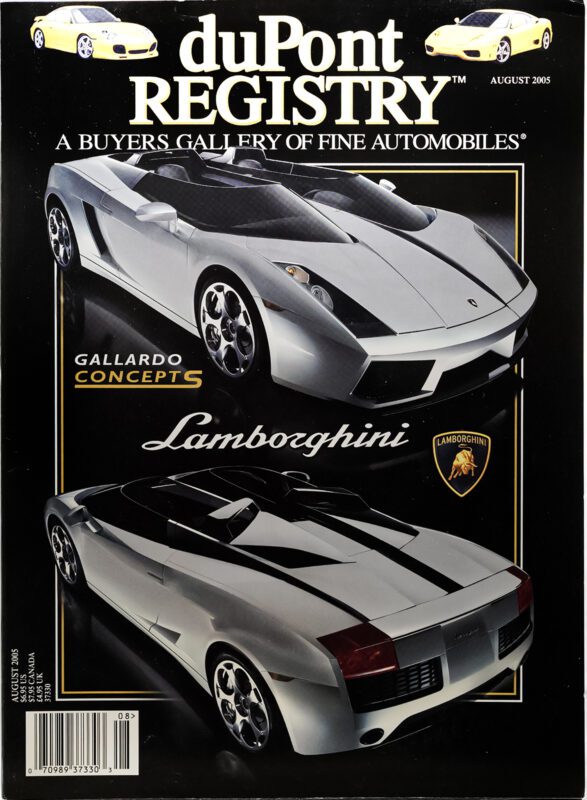 Cover of duPont REGISTRY August 2005 issue featuring two silver Lamborghini Gallardo Cover Cars, one shown from the front and one from the rear, on a black background.