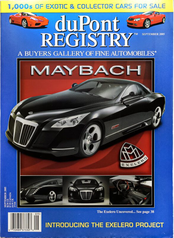 DuPont REGISTRY September 2005 Cover Cars edition features a black Maybach Exelero, highlighted with detail shots and bold text introducing the Exelero Project.