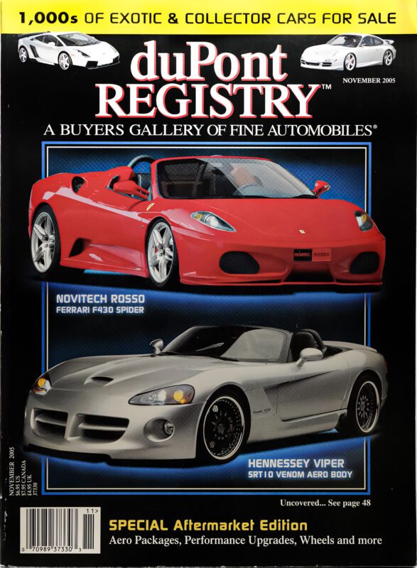DuPont REGISTRY magazine cover, November 2005 issue, showcases 40th Anniversary Cover Cars: a striking red Ferrari F430 Spider alongside a silver Hennessey Viper SRT10 Venom AeroBid roadster.