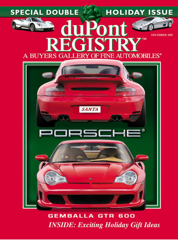 DuPont REGISTRY 40th Anniversary cover featuring two red Porsche Gemballa GTR 600 Cover Cars—one rear view with "SANTA" plate, one front view—set against festive holiday-themed text.