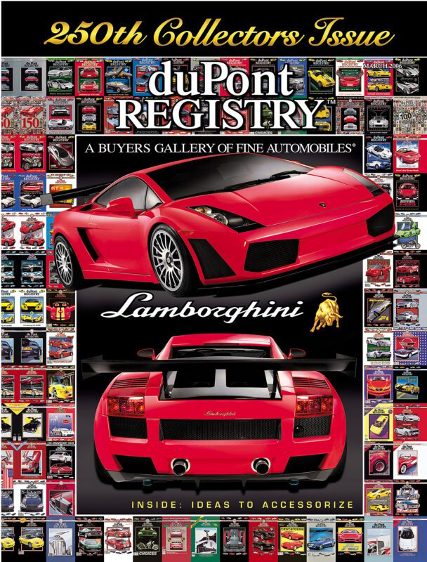 Cover of the duPont REGISTRY 250th Collectors Issue featuring a red Lamborghini as one of the iconic Cover Cars, with thumbnails of previous issues celebrating the brand’s 40th Anniversary.