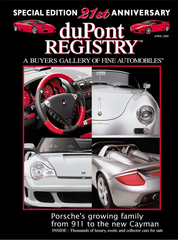 Magazine cover featuring four images of Porsche cars, a steering wheel, and the text "duPont REGISTRY 40th Anniversary: Porsche's growing family from 911 to the new Cayman.