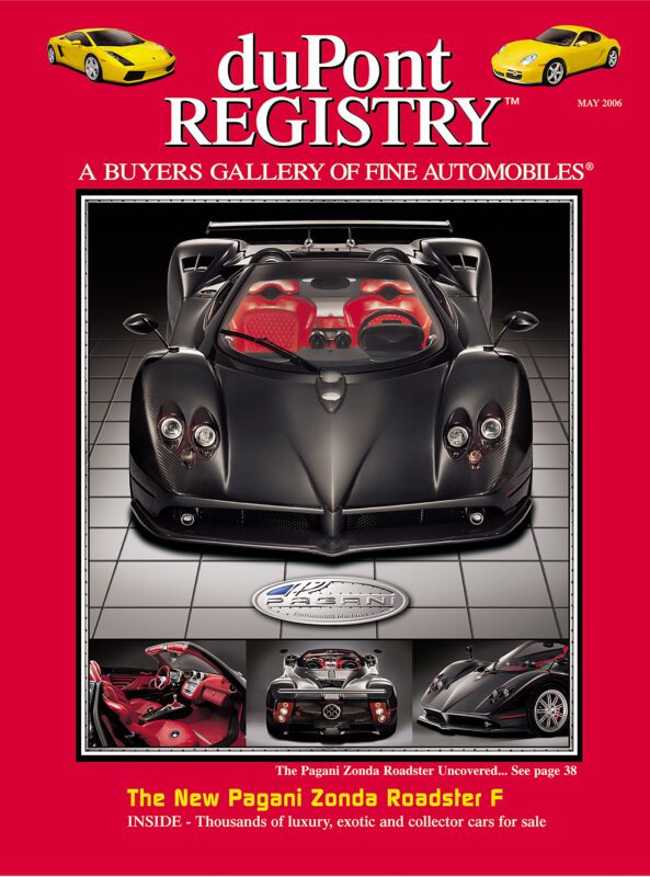 Cover of duPont REGISTRY magazine, May 2006, featuring 40th Anniversary Cover Cars: the Pagani Zonda Roadster F in black with red interior and multiple views of the car set against a striking red background.
