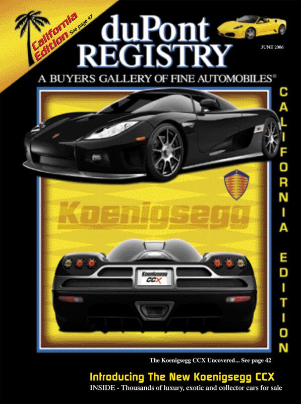 Cover of duPont REGISTRY magazine featuring a black Koenigsegg CCX from front and rear angles, with yellow text highlighting the California edition, car details, and celebrating the 40th Anniversary of Cover Cars.