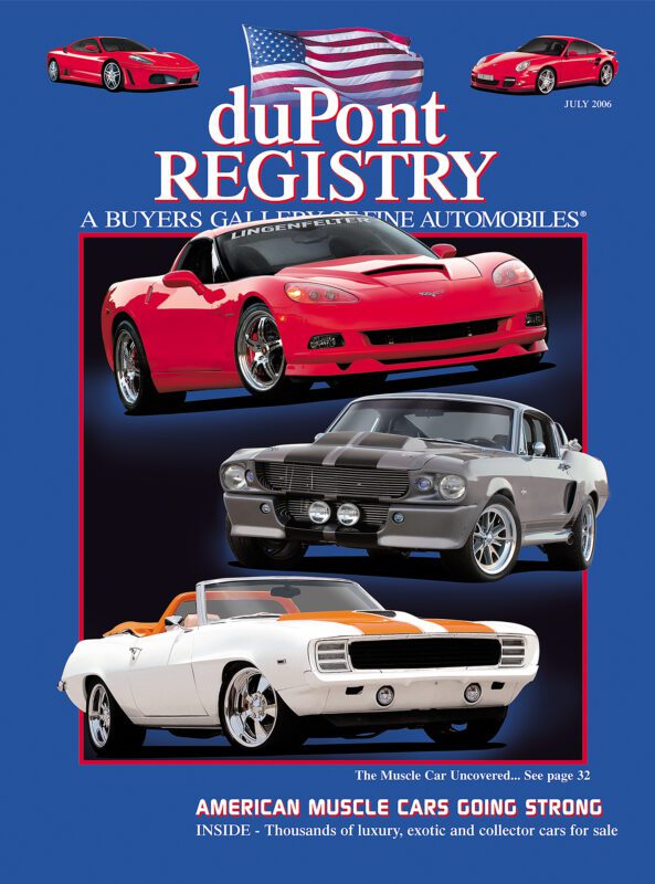 Cover of duPont REGISTRY July 2006 featuring three classic American Cover Cars against a blue background, highlighted by a small American flag and red cars at the top for the 40th Anniversary.