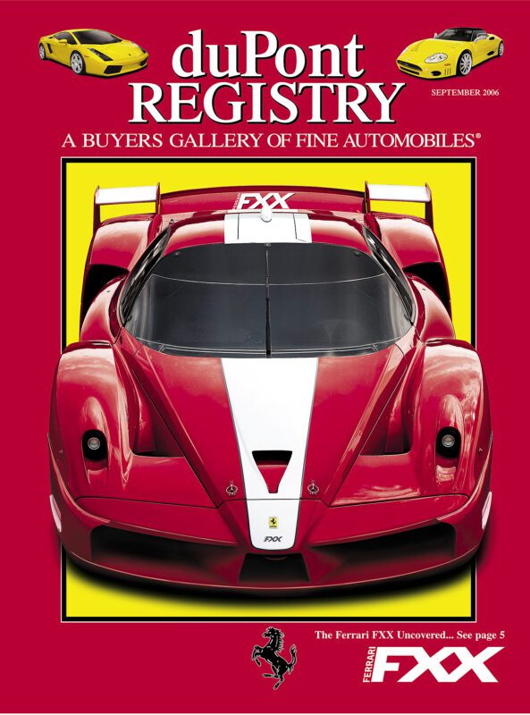 Front cover of duPont REGISTRY magazine, September 2006, celebrating 40th Anniversary Cover Cars, featuring a red Ferrari FXX, yellow sports cars in the top corners, and bold white and yellow text.