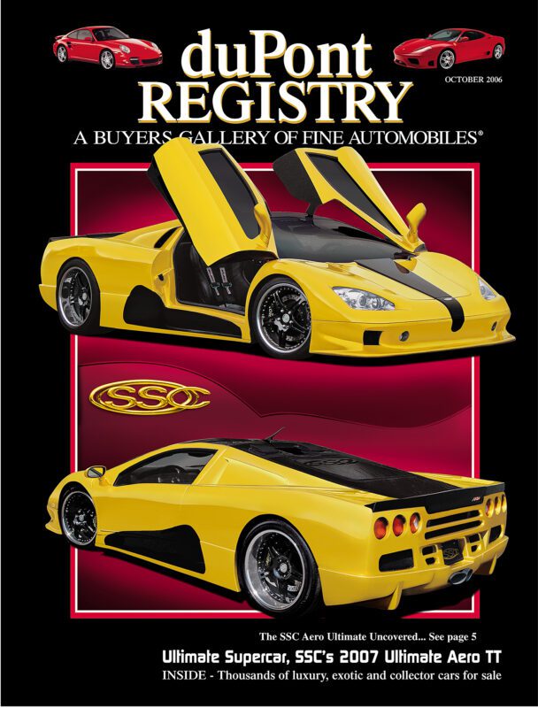 DuPont REGISTRY’s 40th Anniversary Cover Cars issue features a striking yellow and black 2007 SSC Ultimate Aero supercar with its gullwing doors open, highlighted from both front and rear angles.