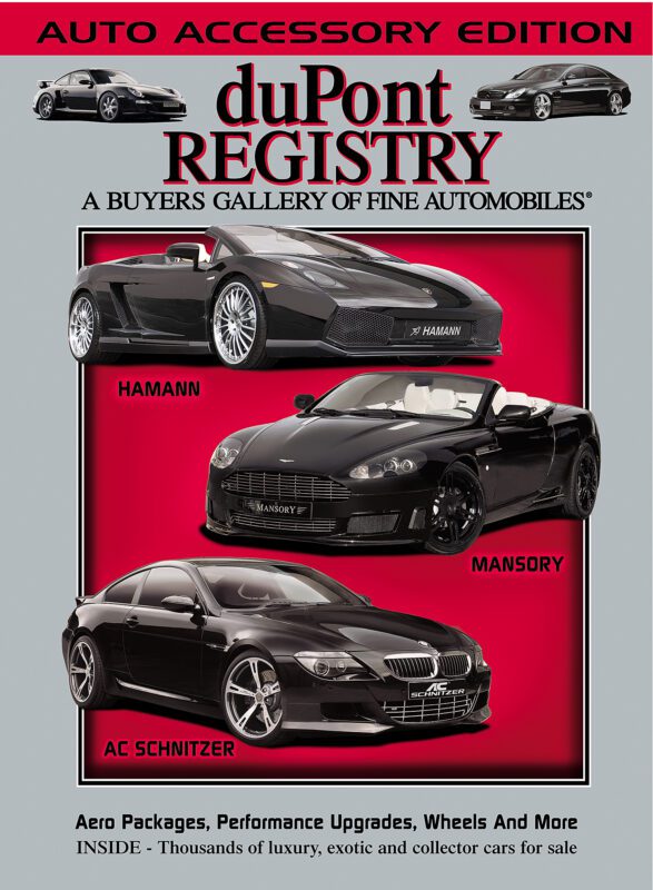 Cover Cars grace the duPont REGISTRY 40th Anniversary magazine cover, showcasing three black luxury cars—Hamann, Mansory, and AC Schnitzer—highlighting premium auto accessories and upgrades for high-end vehicles.