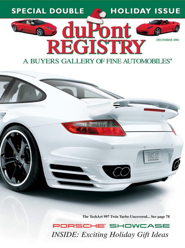A white TechArt 997 Porsche 911 Turbo appears as one of the Cover Cars on the December 2006 duPont REGISTRY magazine, celebrating fine automobiles with a holiday gift theme for its 40th Anniversary edition.
