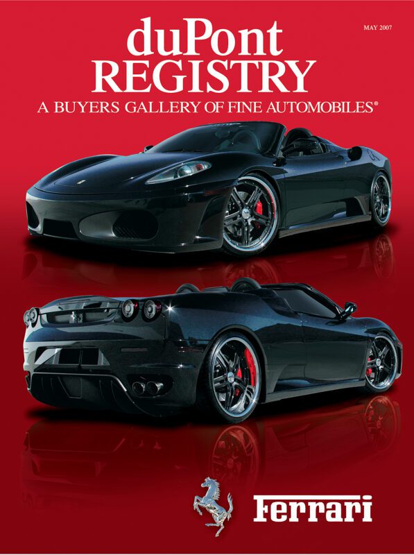 Front and rear views of a black Ferrari convertible are featured as Cover Cars on the May 2007 duPont REGISTRY, a luxury automobile magazine, against a striking red background.