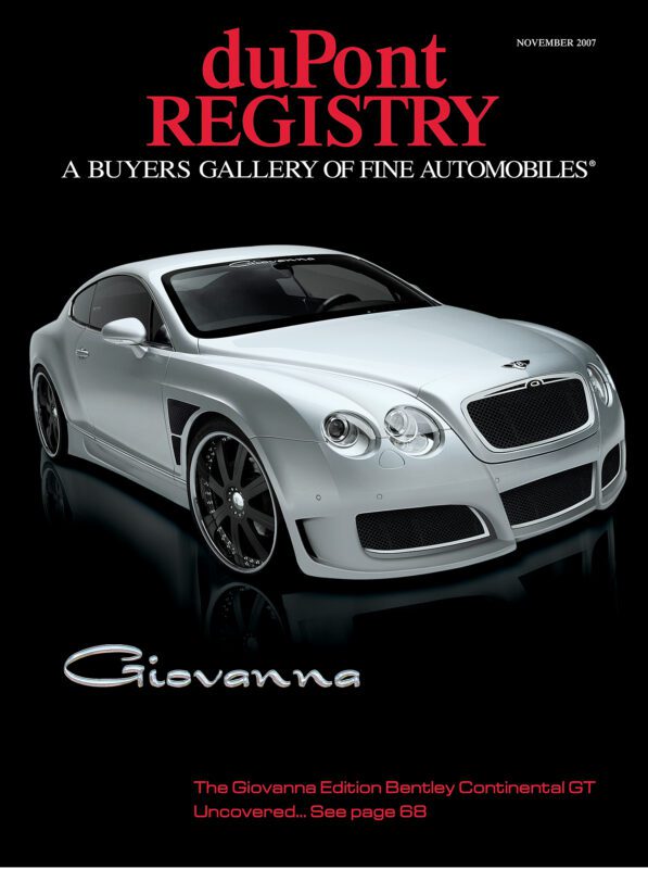 Cover of duPont REGISTRY’s 40th Anniversary issue featuring a silver Giovanna Edition Bentley Continental GT against a black background. Text spotlights this iconic Cover Car and directs readers to more details on page 68.