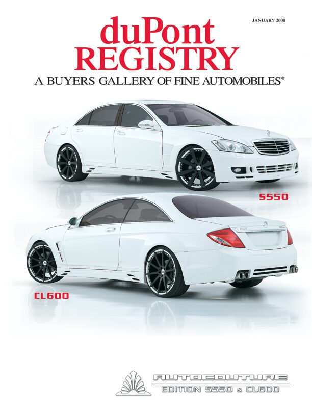 DuPont REGISTRY's 40th Anniversary issue, January 2008, showcases Cover Cars: a white Mercedes-Benz S550 sedan and CL600 coupe with custom wheels, set against a crisp white background.