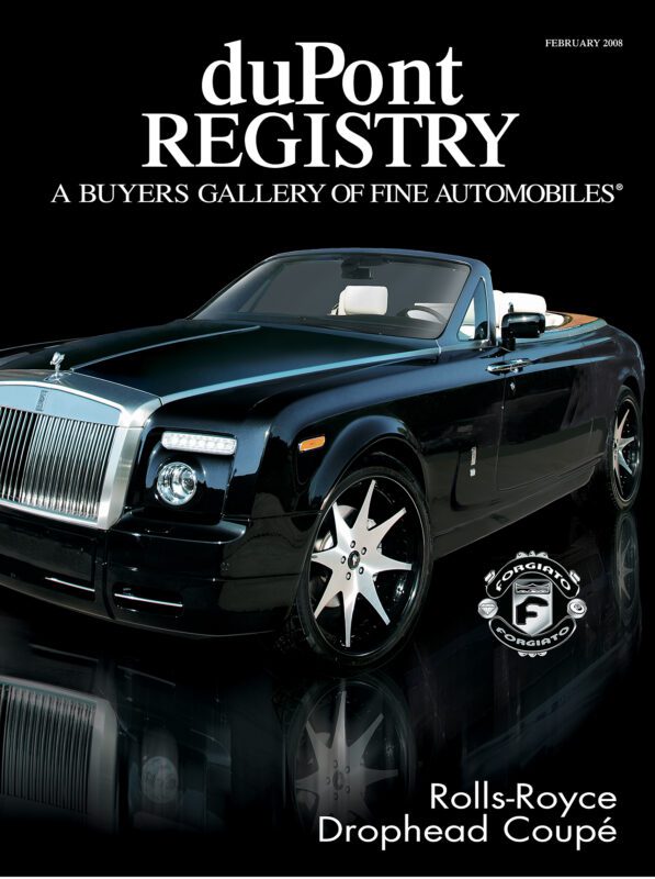 A black Rolls-Royce Drophead Coupé convertible graces the February 2008 duPont REGISTRY Cover Cars issue, making a striking statement in this 40th Anniversary edition.
