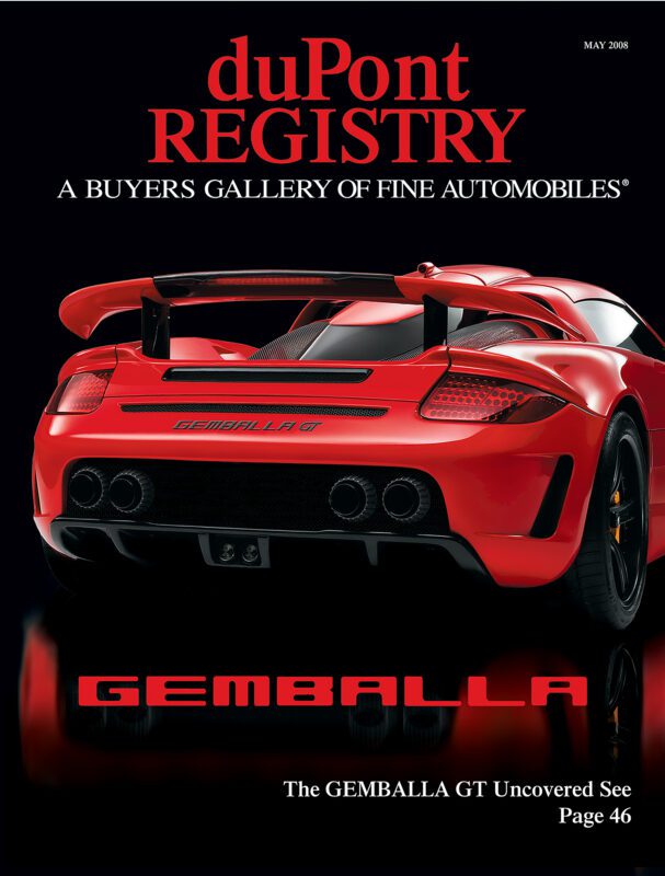 Rear view of a red Gemballa sports car on the May 2008 duPont REGISTRY Cover Cars edition, featuring the headline "The Gemballa GT Uncovered.