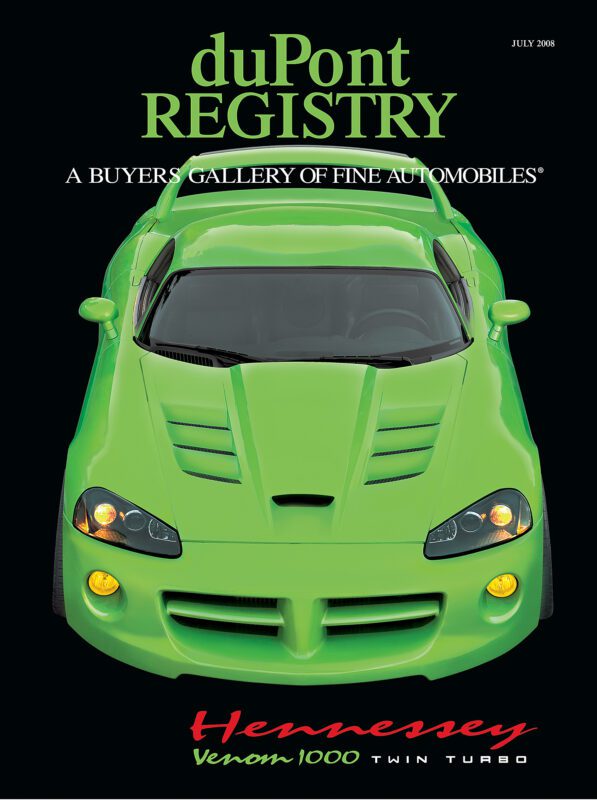 A bright green Hennessey Venom 1000 Twin Turbo sports car is showcased as one of the Cover Cars on the July 2008 duPont REGISTRY automobile magazine.