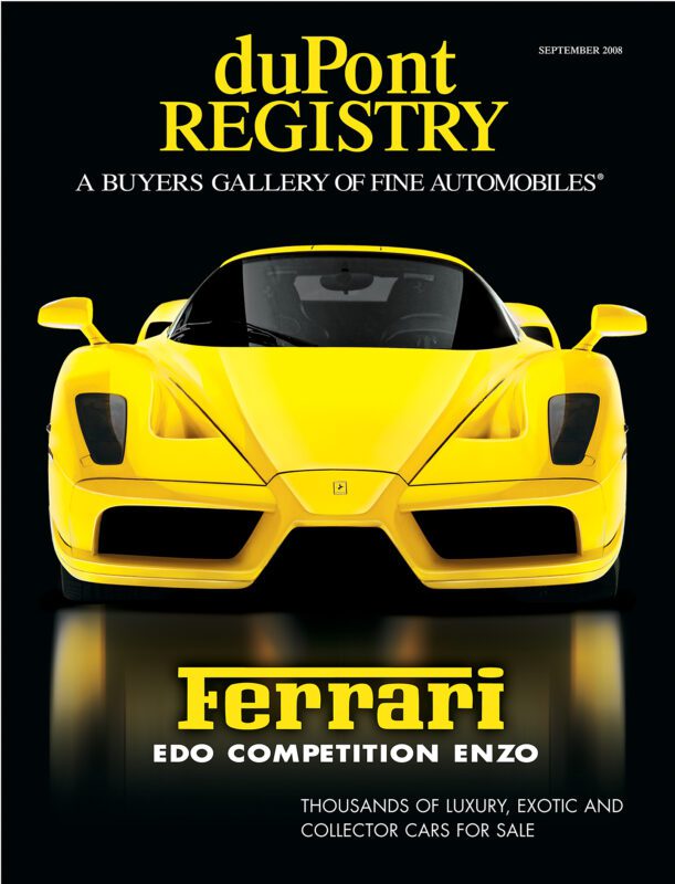 Front cover of duPont REGISTRY September 2008 issue featuring a yellow Ferrari Enzo, with headlines about luxury, exotic, and collector cars for sale. Celebrating 40th Anniversary Cover Cars.
