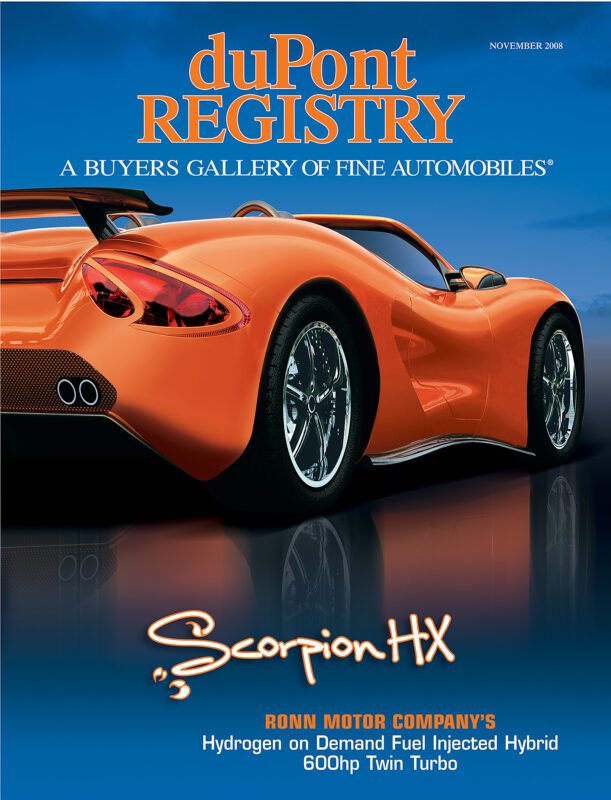 Cover of duPont REGISTRY magazine features the Scorpion HX, an orange sports car with a hydrogen hybrid engine and 600hp twin turbo, celebrated among iconic Cover Cars for the 40th Anniversary.