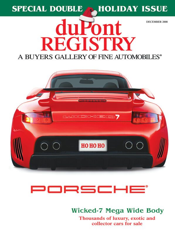 A red Porsche sports car with a "HO HO HO" license plate is featured as one of the iconic Cover Cars on the duPont REGISTRY Holiday Issue, December 2008.