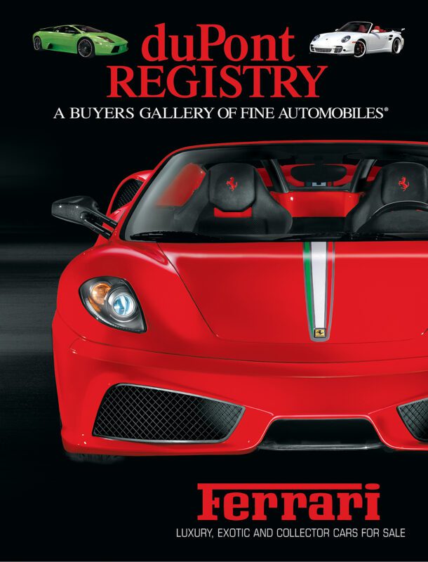 DuPont REGISTRY 40th Anniversary edition Cover Cars: a striking red Ferrari with green and white stripes takes center stage, flanked by images of two other cars above, all set against a sleek black background.