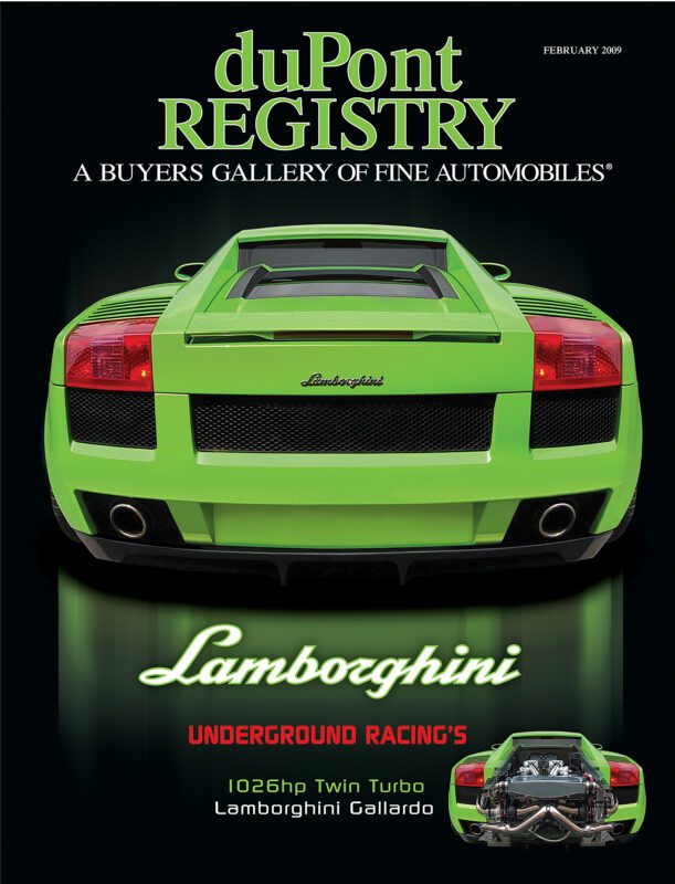 The Green Lamborghini Gallardo, featured as one of the Cover Cars on duPont REGISTRY’s 40th Anniversary issue, highlights a 1026hp twin turbo upgrade by Underground Racing in this striking rear-view photograph.