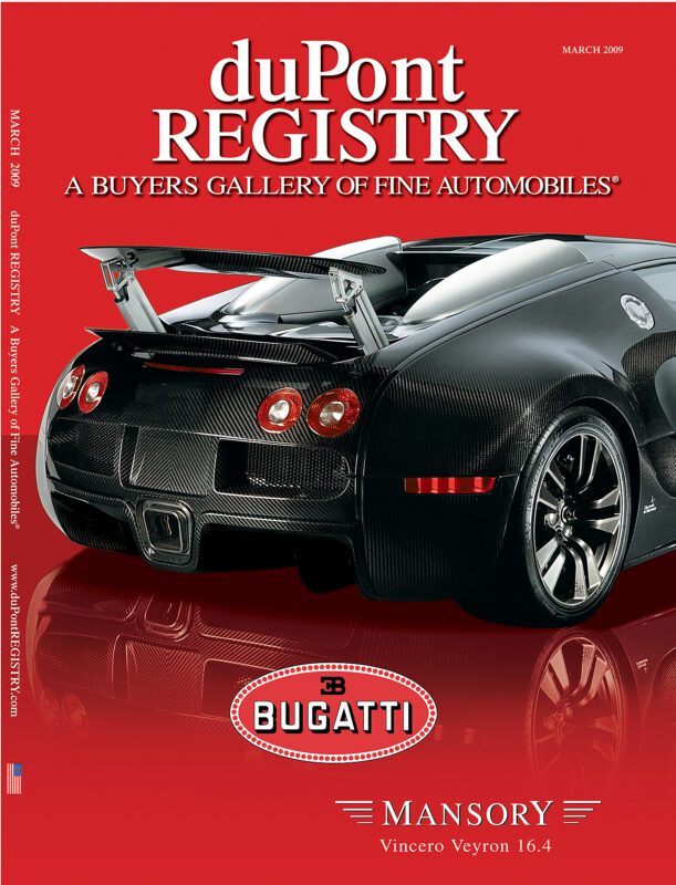 Cover Cars: duPont REGISTRY 40th Anniversary issue featuring the rear view of a black Bugatti Mansory Vincero Veyron 16.4 against a striking red background, with text highlighting the car and special edition details.