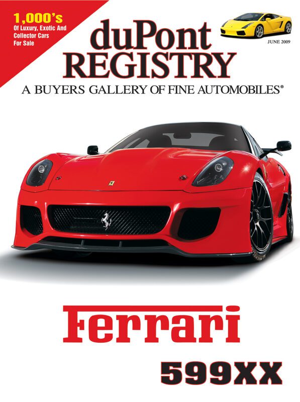 40th Anniversary Cover Cars: The duPont REGISTRY magazine features a striking red Ferrari 599XX, highlighting luxury and exotic cars for sale.