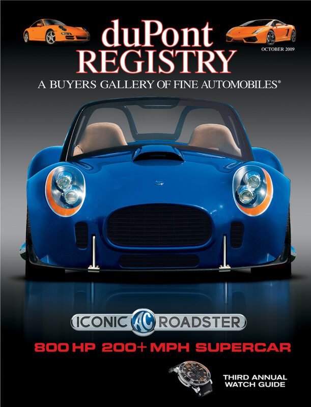 DuPont REGISTRY's 40th Anniversary cover features an Iconic AC Roadster and highlights "800 HP 200+ MPH SUPERCAR," alongside striking Cover Cars in orange and a luxury watch.