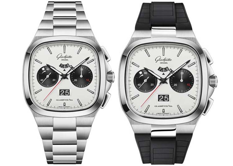 Two Glashütte Original Seventies ‘X’ Chronograph watches with square silver cases, white dials, and black subdials—a North American-Exclusive edition with a metal bracelet, and another featuring a black rubber strap.