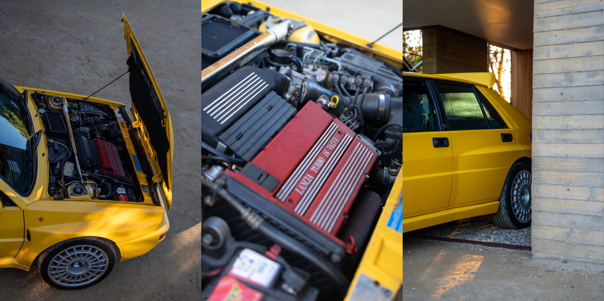 A yellow Lancia Delta Integrale Evo 2 with its hood open reveals a red engine; another shot shows the car parked near a concrete wall, evoking classic Petrolicious style.