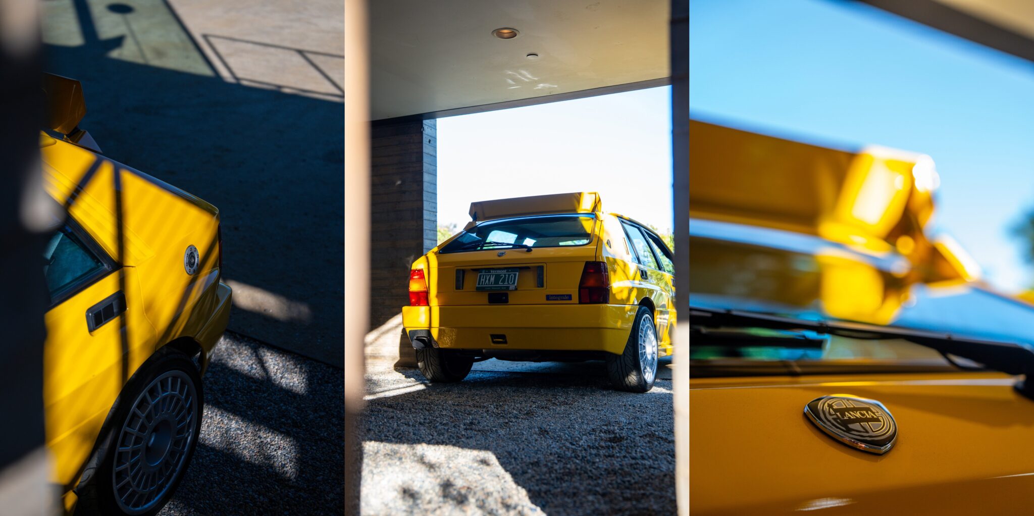 A yellow Lancia Delta Integrale Evo 2 is parked under a modern carport, shown from side, rear, and detail views in bright sunlight—a scene fit for Petrolicious.