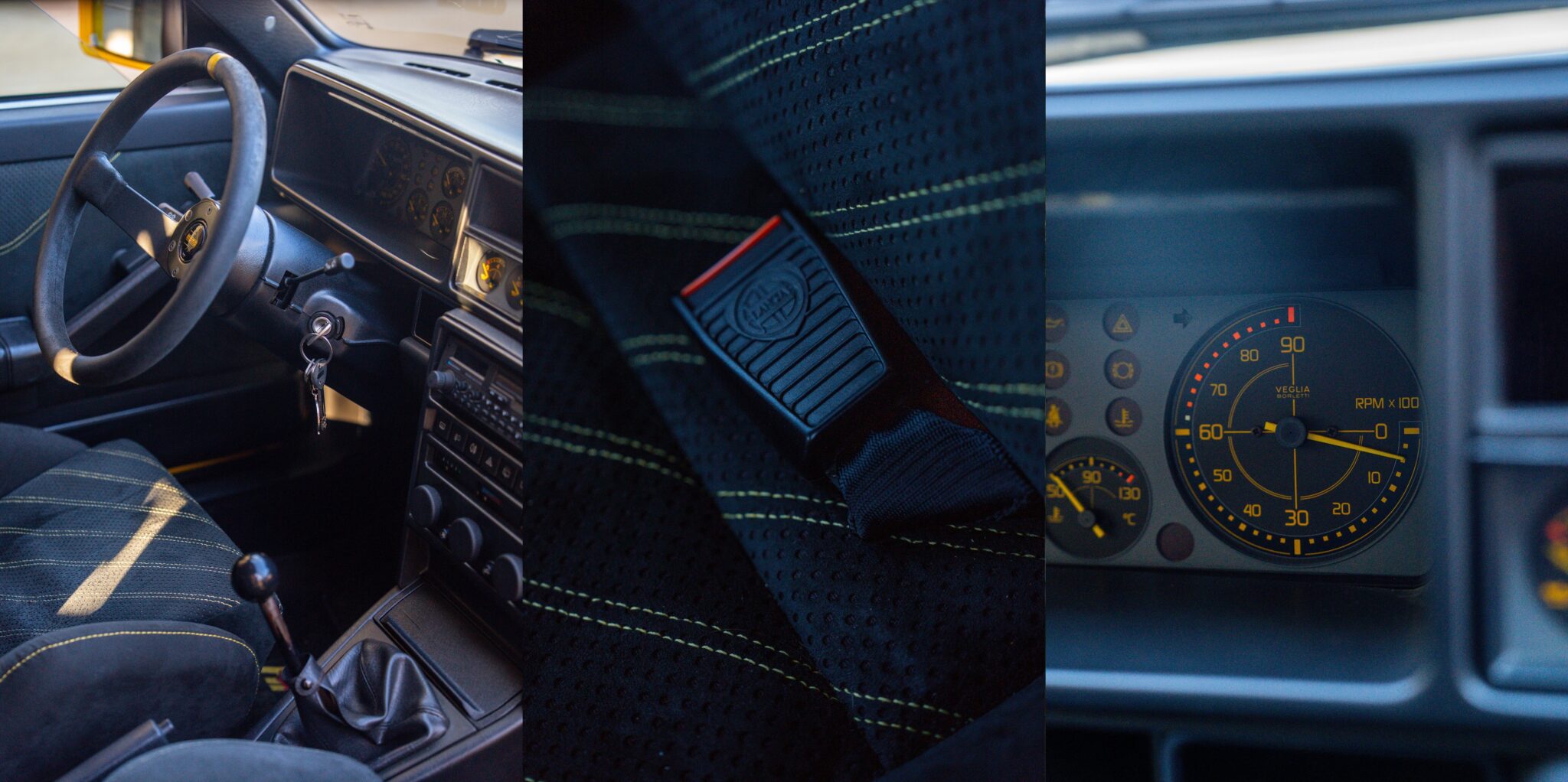 Three-panel image showing a Lancia Delta Integrale Evo 2 interior: steering wheel and dashboard, seatbelt latch on black upholstery with yellow stitching, and a close-up of the speedometer and warning lights.