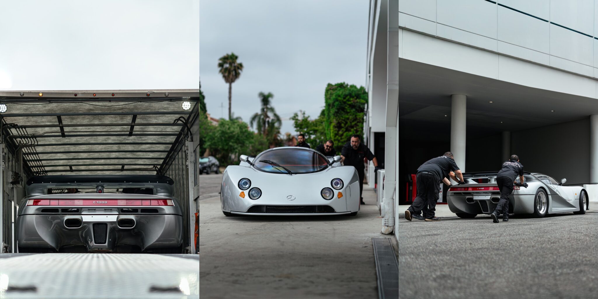 A rare Lotec C1000 is unloaded from a trailer and pushed by several people outside a modern building on a cloudy day—a true Petrolicious Film Friday moment.