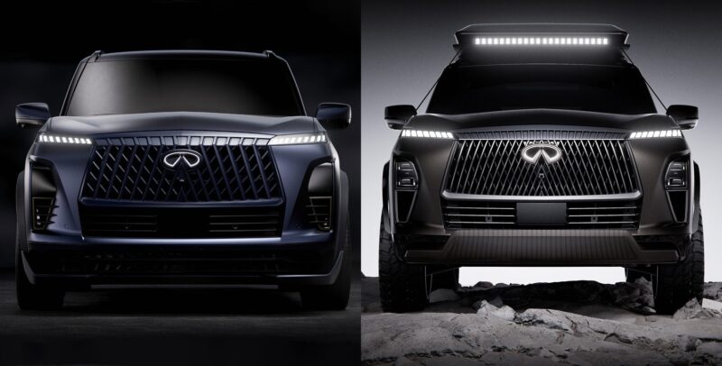 Two luxury SUVs take center stage in Infiniti’s 2025 Monterey Showcase: the left stands on a smooth surface, while the right tackles rocky terrain with a roof-mounted light bar, highlighting the bold QX80 and QX65 SUV concepts.