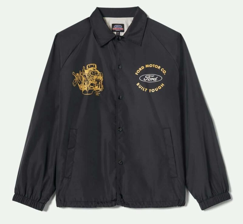 Black button-up jacket from the Limited Edition Collection, featuring "Ford Motor Co. Built Tough" and Ford logo in gold on the left chest, plus a gold engine graphic. Part of the exclusive Ford x Brixton collaboration.