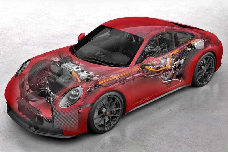 A red sports car with a transparent overlay reveals the internal mechanical and electrical components, including the engine and wiring—an X-ray view perfect for a Review: 2025 Porsche 911 Carrera GTS T-Hybrid Electrifies Potent Performance.
