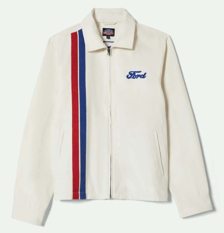 White zip-up jacket with blue and red vertical stripes on the left side and a blue "Ford" logo on the right chest, part of the exclusive Ford x Brixton Limited Edition Collection.