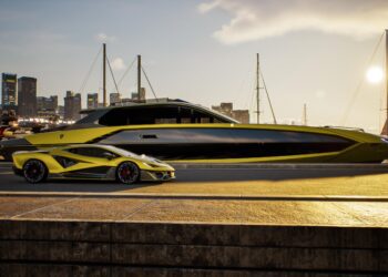 A yellow and black Lamborghini sports car is parked beside a matching Tecnomar luxury yacht at a marina, with a city skyline and boats in the background during sunset.