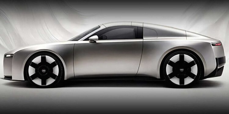 A silver, two-door concept car with a sleek, futuristic design—possibly an Audi TT successor or flagship EV—is shown in profile against a plain gradient background.