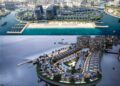 Two aerial views of a modern beachfront resort complex in Abu Dhabi with high-end villas, swimming pools, private docks, and multiple buildings on BRABUS Island, all beautifully surrounded by water during day and night.