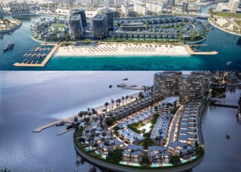Two aerial views of a modern beachfront resort complex in Abu Dhabi with high-end villas, swimming pools, private docks, and multiple buildings on BRABUS Island, all beautifully surrounded by water during day and night.