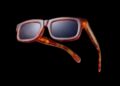 Rectangular tortoiseshell sunglasses with dark lenses, inspired by Bugatti eyewear’s tourbillon-inspired design, shown against a black background and viewed from an angle highlighting the side and temples.
