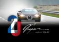 A Bugatti Veyron drives on a highway; foreground features a stylized "20" in French colors, a signature, and the words "Anniversaire" as Bugatti honors the Veyron’s 20-year legacy with a special logo.
